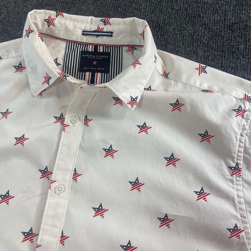 Denim & Flower Ricky Singh Short Sleeve Button Down Shirt Size XL White Stars